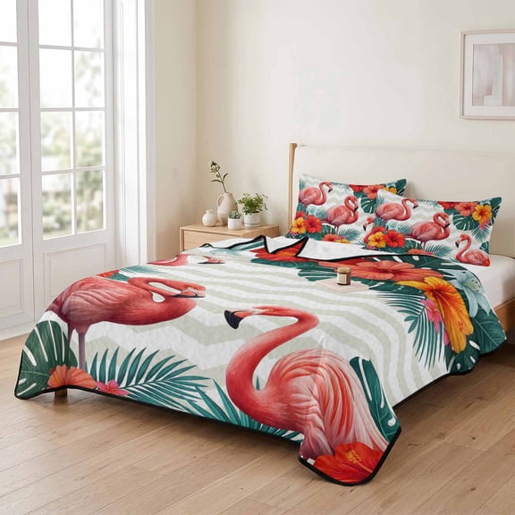 Queen Size Quilt Set, Summer Flamingos Gray Waves Lightweight Bedspread Coverlet Set Soft Microfiber Summer Quilt with 2 Pillow Shams, Country Flower Tropical Leaf 3 Piece Comforter Bedding Set