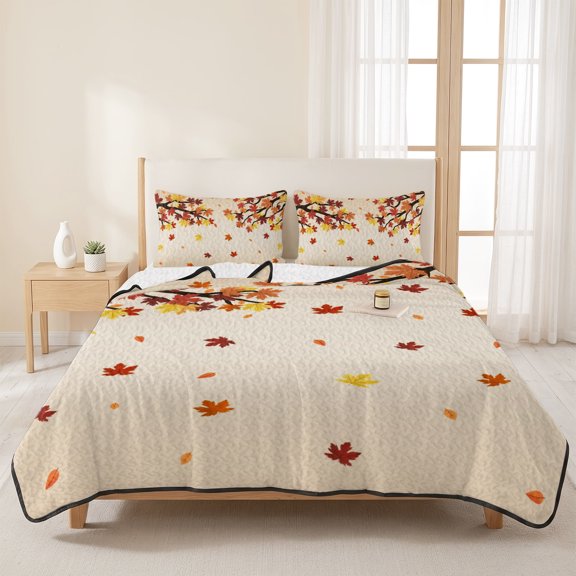 Queen Size Quilt Set,Vintage Thanksgiving Maple Leaf Lightweight Soft Bedspread Comforter Quilted Bedding Sets with 2 Pillow Shams Leaf on Gradient Coverlet for All Seasons-3 Pieces