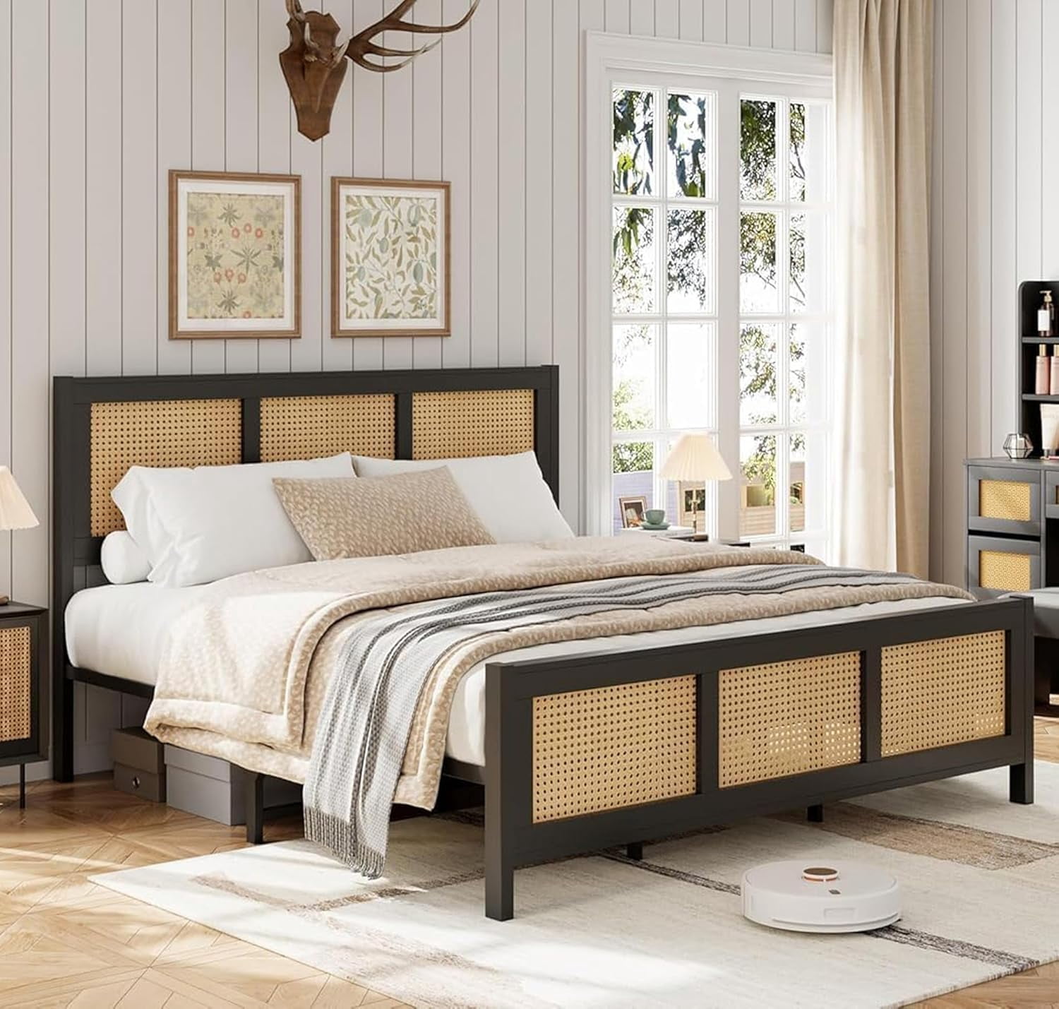 Queen Size Rattan Bed Frame, Black Boho Cane Platform with Headboard, Metal Slats, No Box Spring, Noise Free