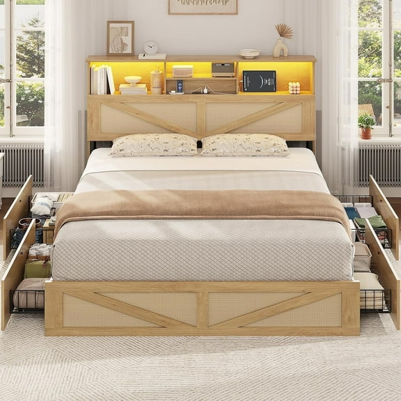 Queen Size Rattan Bed Frame with Bookcase Headboard and LED Lights, Wooden Bed with 4 Drawers, Barn Door Design, No Box Spring Needed, Wood