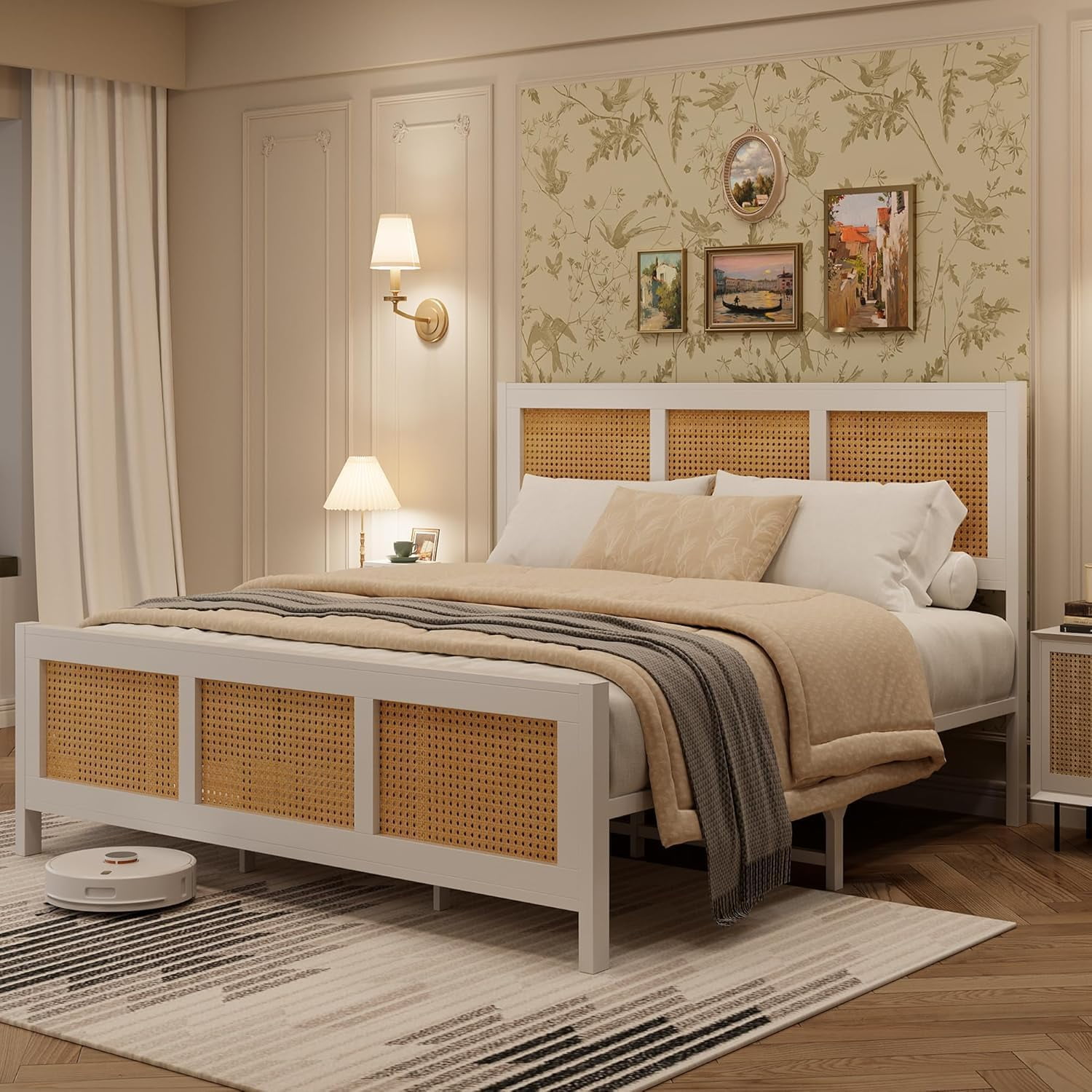 Queen Black Wood and Rattan Platform Bed Frame with Headboard