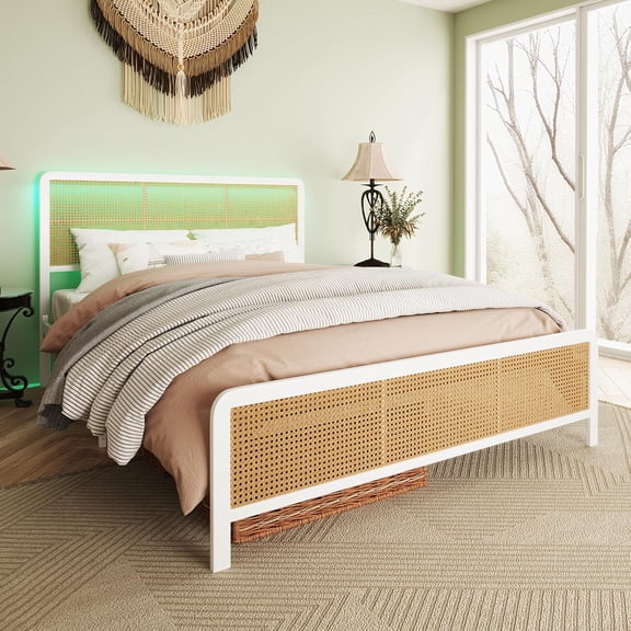 Queen Size Rattan Platform Bed Frame with Led Light Headboard, Modern Style Cane Boho Bed Frames with Sturdy Steel Slat Support, Heavy Duty Bed Frame, No Box Spring Needed,White