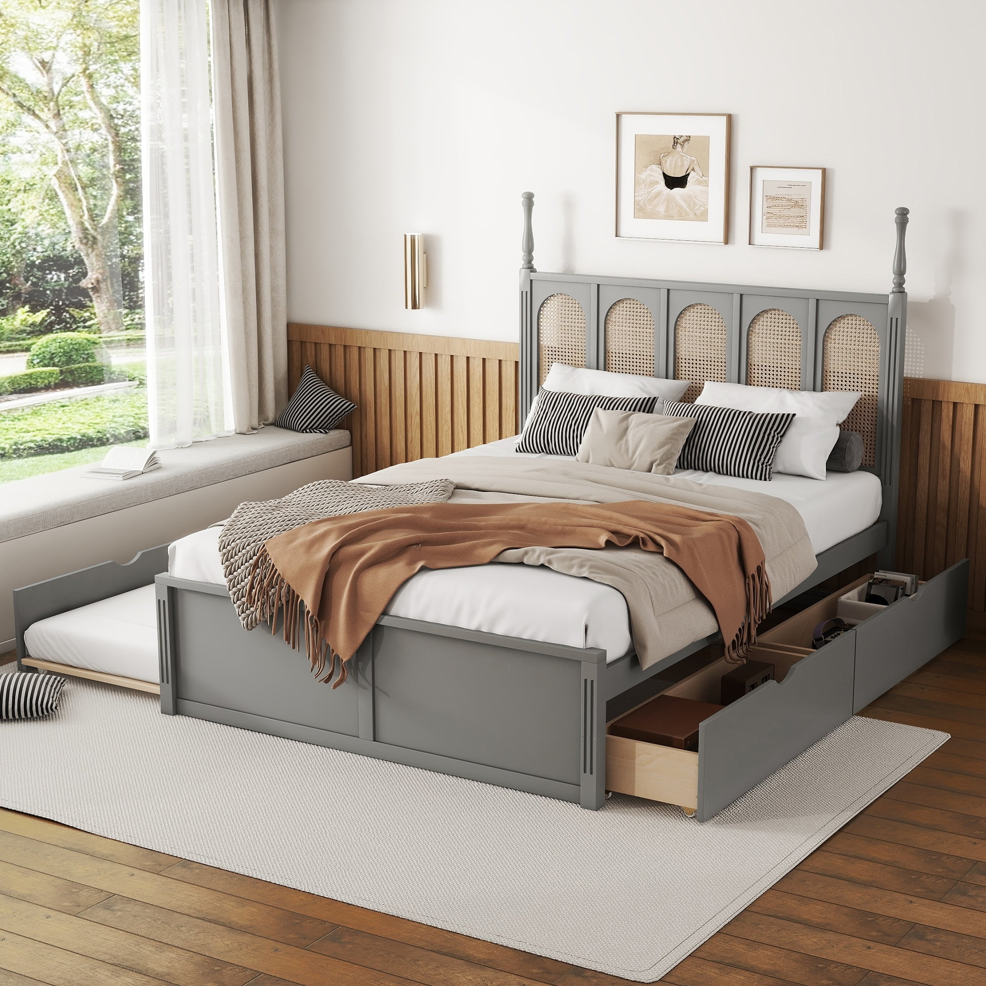 Gray Queen Size Rattan Platform Bed with Storage Drawers