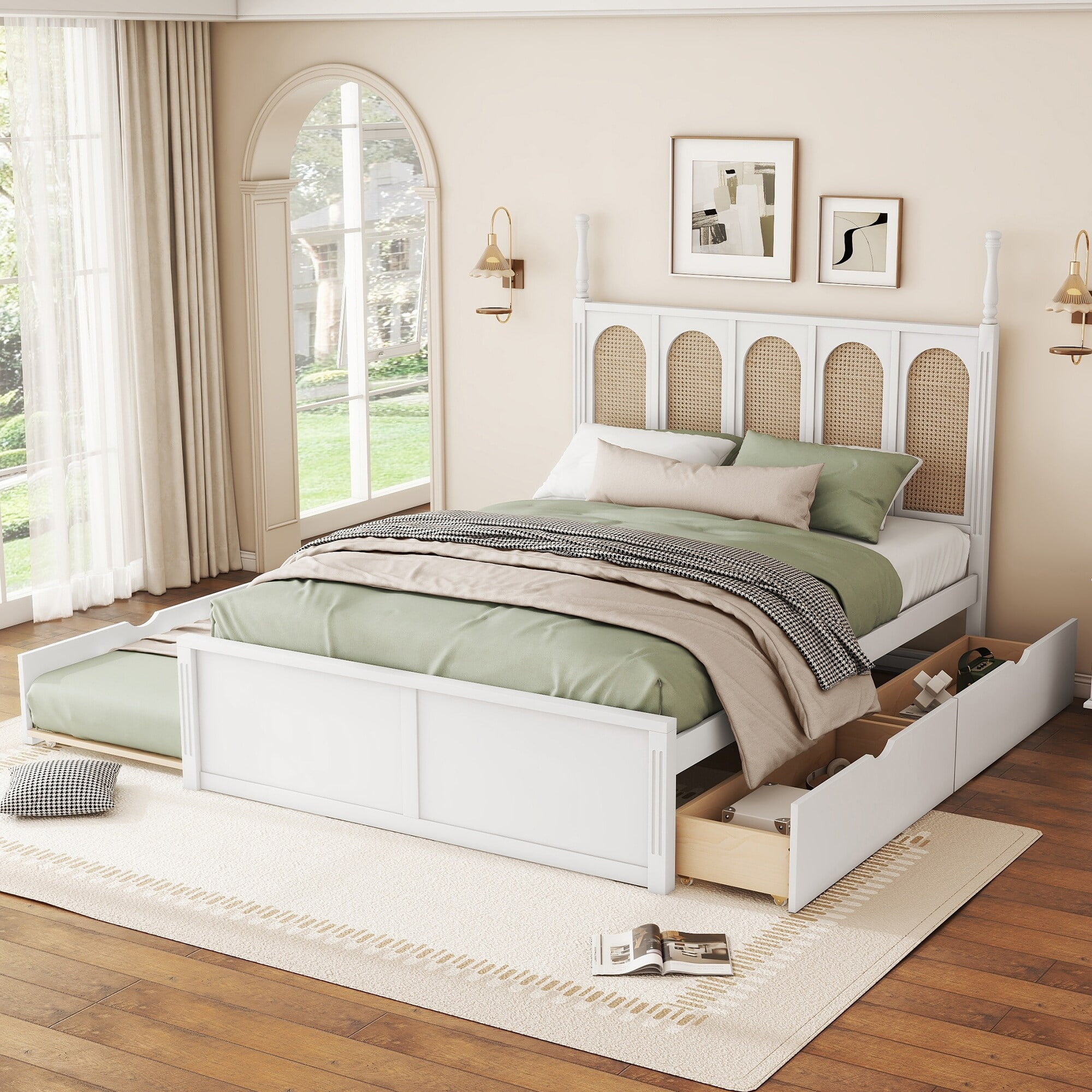 White Queen Size Rattan Platform Bed with Storage Drawers