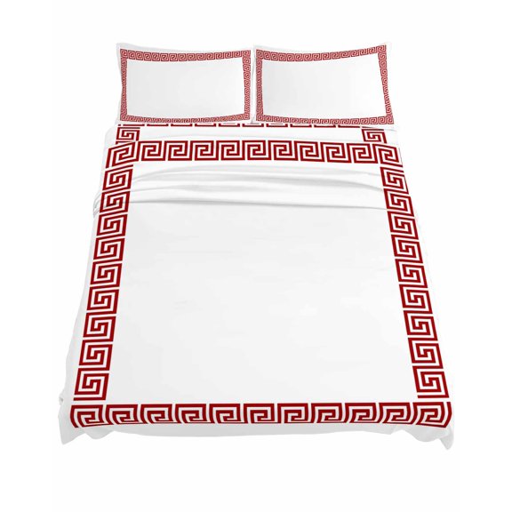 Queen Size Red Geometric Sheet Sets Greek Pattern Chinese Soft Breathable Microfiber Bed Sheets Deep Pockets 4 Piece Bed Sheets Set, 1 Fitted Sheet, 1 Flat Sheet & 2 Pillowcases
