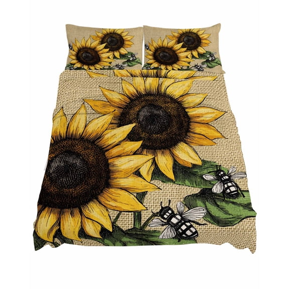 Queen Size Retro Bees Sheet Sets Sunflower Leaf Pastoral Retro Bees Soft Breathable Microfiber Bed Sheets Deep Pockets 4 Piece Bed Sheets Set, 1 Fitted Sheet, 1 Flat Sheet & 2 Pillowcases