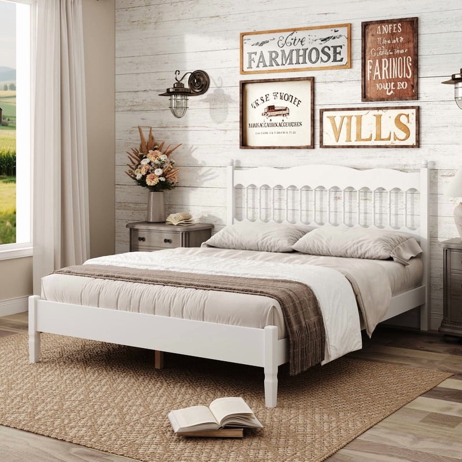 Queen Size Retro Countryside Style Wooden Bed Frame with Spindle Headboard, Low Profile Platform Bed with No Box Spring Required