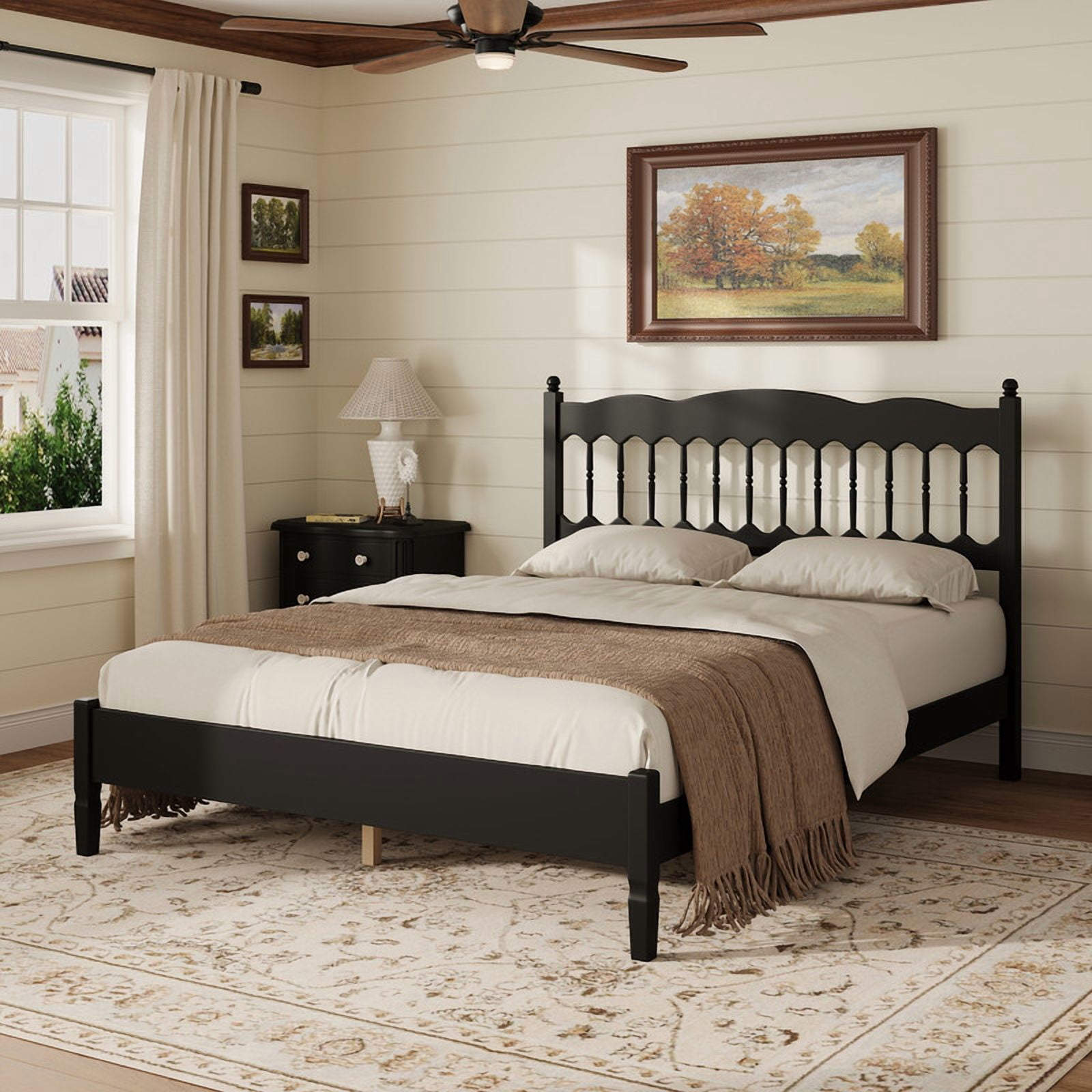 Queen Size Retro Countryside Style Wooden Bed Frame with Spindle Headboard, Low Profile Platform Bed with No Box Spring Required