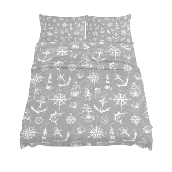 Queen Size Retro Gray Map Sheet Sets Abstract Sailing Boat White Line Soft Breathable Microfiber Bed Sheets Deep Pockets 4 Piece Bed Sheets Set, 1 Fitted Sheet, 1 Flat Sheet & 2 Pillowcases