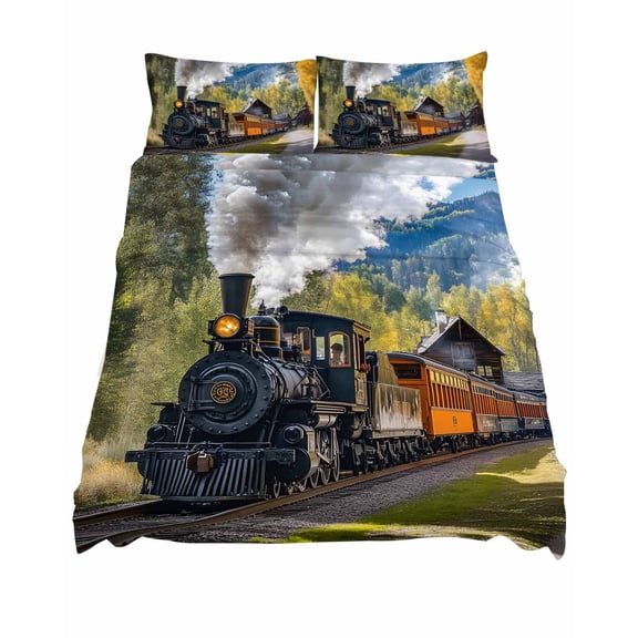 Queen Size Retro Landscape Sheet Sets Nature Train Steam Mountain Forest Country Soft Breathable Microfiber Bed Sheets 4 Piece Bed Sheets Set, 1 Fitted Sheet, 1 Flat Sheet & 2 Pillowcases