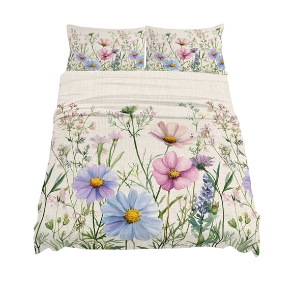 Queen Size Retro Pink Sheet Sets Blue Wildflowers Country Floral Herbs Linen Texture Soft Breathable Microfiber Bed Sheets 4 Piece Bed Sheets Set, 1 Fitted Sheet, 1 Flat Sheet & 2 Pillowcases