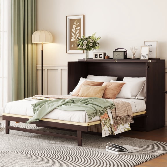 Queen Size Retro Rattan Murphy Bed, Wood Cabinet Bed with Storage Drawers, Hidden Foldable Platform Bed, Space Saving for Small Room, Guest, Espresso