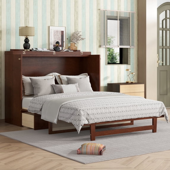 Queen Size Retro Rattan Murphy Bed, Wood Cabinet Bed with Storage Drawers, Hidden Foldable Platform Bed, Space Saving for Small Room, Guest, Walnut