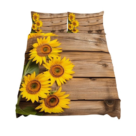 Queen Size Retro Sheet Sets Sunflowers Rustic Wood Grain Texture Pastoral Soft Breathable Microfiber Bed Sheets Deep Pockets 4 Piece Bed Sheets Set, 1 Fitted Sheet, 1 Flat Sheet & 2 Pillowcases