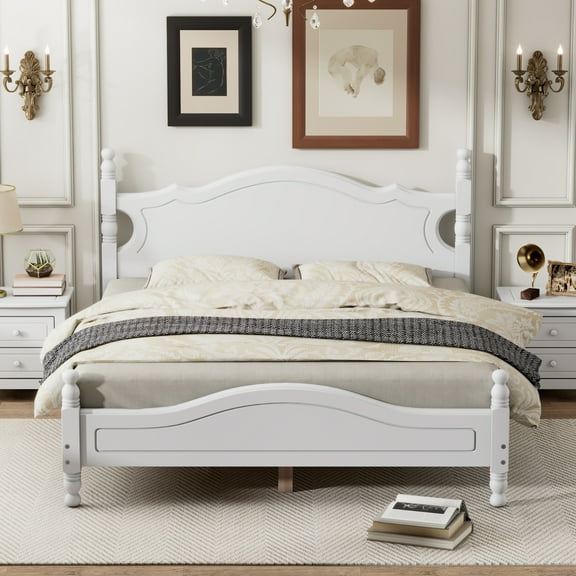 Queen Size Retro Wood Platform Bed Frame - White - 10 Slats
