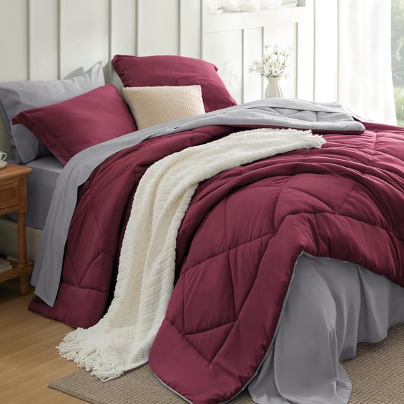 Queen Size Reversible Dual-Tone 7 Piece Comforter Set, Soft All Season Bed in a Bag