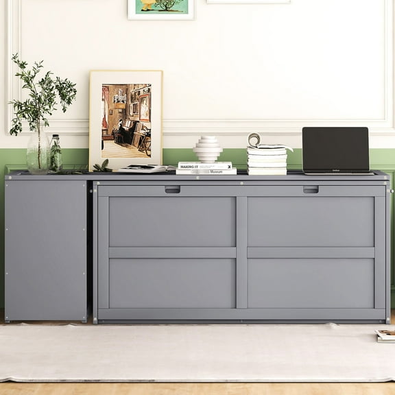 Queen Size Rotable Desk Bed, Gray - For Bedroom Use, Space Saving Bed With Art Table And