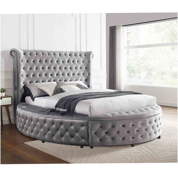 Queen Size Round Bed with Storage, Gray Velvet Upholstered Tufted Headboard, USB Ports, Modern Glam Style
