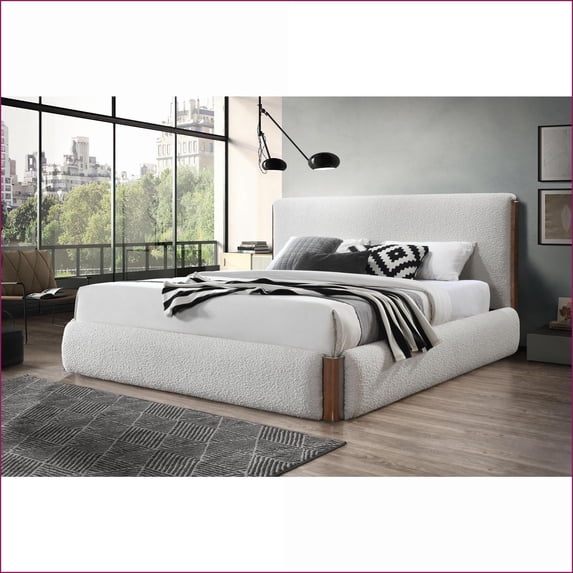 Queen Size Rubber Wood Platform Bed Frame - White Boucle & Walnut Finish, No Box Spring Needed for Master Bedroom