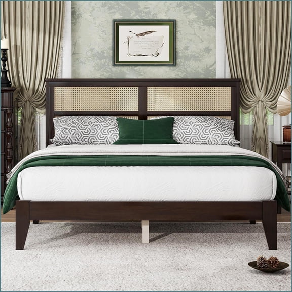 Queen Size Rubber Wood Platform Bed with PE Rattan Headboard - No Box Spring Needed, Espresso for Master Bedroom