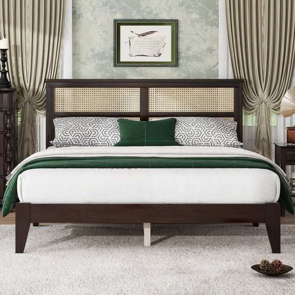 Queen Size Rubber Wooden Bed with Rattan Headboard - Support Feet, Espresso