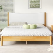 Queen Size Rubber Wooden , Solid Wooden Bed with Teddy Velvet Cushion Upholstered Headboard, Enhanced by Support Feet,Beech White