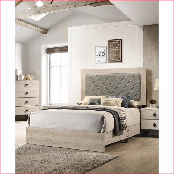 Queen Size Rubberwood Bed Frame with Gray V-Design Upholstered Headboard - Cream Finish for Bedroom