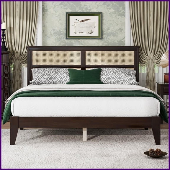 Queen Size Rubberwood Platform Bed with Rattan Headboard - No Box Spring Needed, Espresso for Master Bedroom