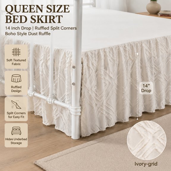 Queen Size Ruffled Bed Skirt with Split Corners, 16 Inch Drop Dust Ruffle, Boho Tufted Square Bed Skirting, Ivory, Platform Bed Dust Cover