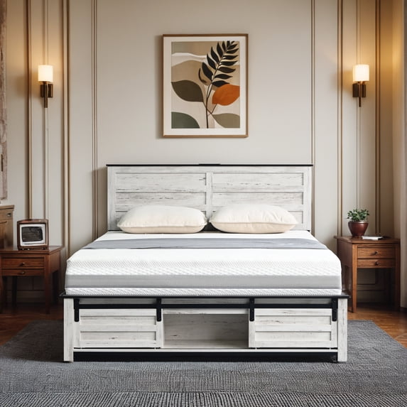 Queen Size Rustic Bed Frame with Headboard & LED & Charging Station & USB Port, Gray