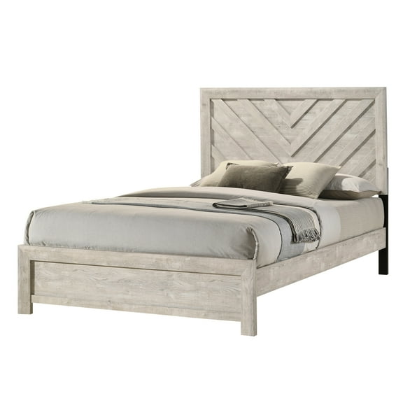 Queen Size Rustic Bedroom Furniture, Beige Gray Finish, Geometric Headboard, Solid Wood Object Bed With Pattern Finish Wooden Construction