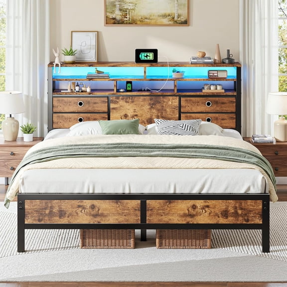Queen Size Rustic Brown Metal Platform Bed Frame with 2-Tier Storage Headboard, 4 Drawers, LED Lights, and Charging Station