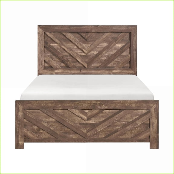 Queen Size Rustic Brown Panel Bed - 3D Textured Veneer Engineered Wood Bedroom Furniture, Ships in 1 Box