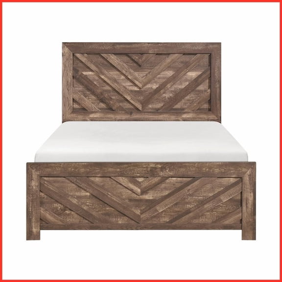 Queen Size Rustic Brown Panel Bed Frame Faux Wood Veneer & Engineered Wood, Ships in 1 Box for Bedroom