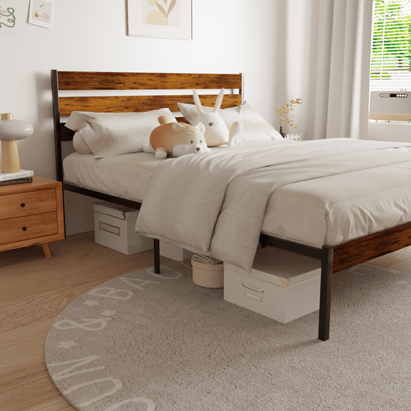 Queen Size Rustic Wood Headboard & Footboard Iron Platform Bed Frame