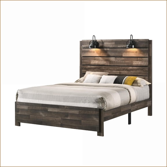 Queen Size Rustic Wood Platform Bed with Headboard Lamps Weathered Brown for Bedroom