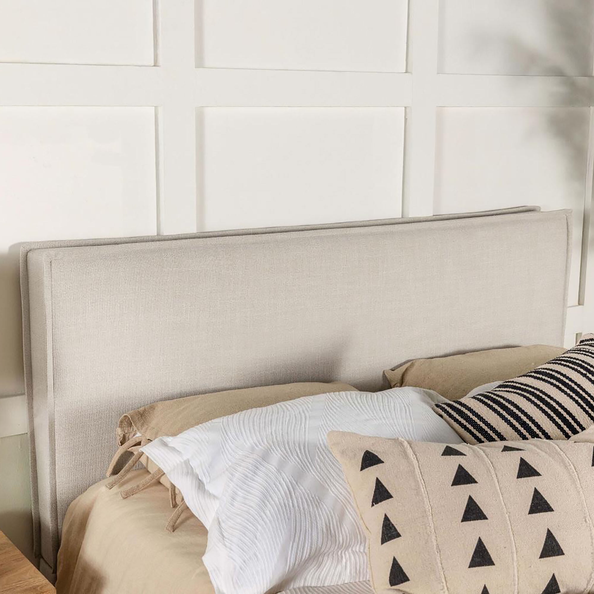 Queen Size Sand Upholstered Headboard with Flange Details, 65" Wide Fabric Headboard for Bedroom, Modern Pine Wood Frame