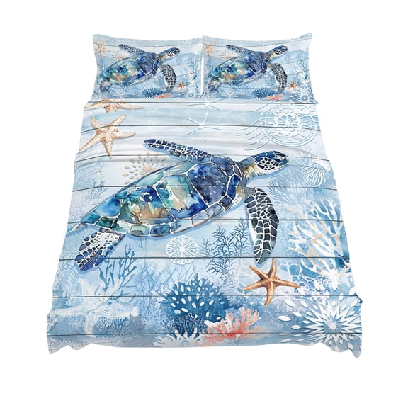 Queen Size Sea Turtle Sheet Sets Ocean Starfish Coral Blue Wood Grain Soft Breathable Microfiber Bed Sheets Deep Pockets 4 Piece Bed Sheets Set, 1 Fitted Sheet, 1 Flat Sheet & 2 Pillowcases