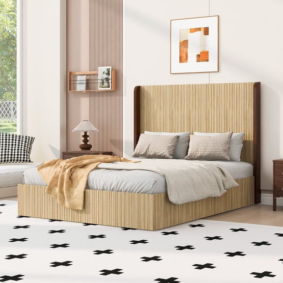 Queen Size Serrated Wood Platform Bed with Wingback Headboard, Vertical Grid Texture, No Box Spring Needed, Easy Assembly, Natural Wood Finish