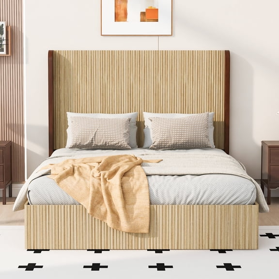 Queen Size Serrated Wooden Platform Bed Frame, Wingback Headboard with Vertical Grid Design, No Box Spring Needed, Easy Assembly, Heavy Duty 1000 lbs Capacity