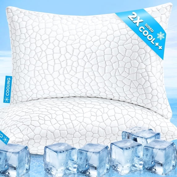 Queen Size Set of 2 Shredded Memory Foam Cooling Pillows, Two-Sided Adjustable Firm or Soft, Gel-Infused for Neck and Shoulder Support