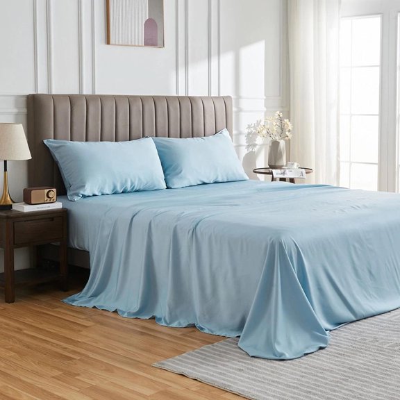 Queen Size Sheet Set, 4 Piece Sheet & Pillowcase Sets Soft Microfiber Luxury Bedding Fitted Sheet Water Washed, Deep Pockets Up to 16", Light Blue