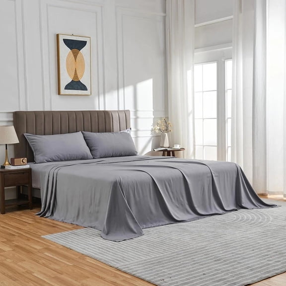 Queen Size Sheet Set, 4 Piece Sheet & Pillowcase Sets Soft Microfiber Luxury Bedding Fitted Sheet Water Washed, Deep Pockets Up to 16", Light Gray