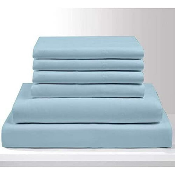 Queen Size Sheet Set - 6 Piece Set - Extra - Deep Pockets - 100% Egyptian Cotton Light Blue Solid Bed Sheets - Queens Sheets - 6 PC