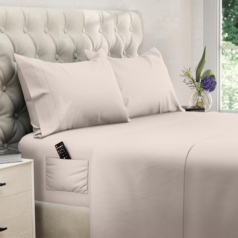 Naiade Queen Size Sheet Set,Soft Microfiber 4 Piece Hotel Luxury Bed Sheets with Deep Pockets, Embroidered Pillow Case,Side Storage Pocket Fitted Sheet, Flat Sheet (Khaki)
