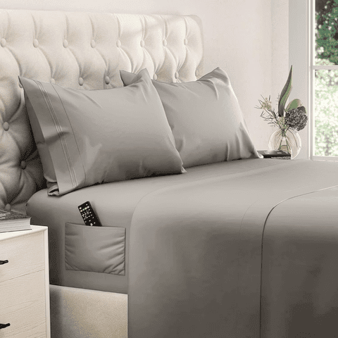 Queen Size Sheet Set, Soft Microfiber 4 Piece Hotel Luxury Bed Sheets with Deep Pockets, Embroidered Pillow Cases, Side Storage Pocket Fitted Sheet, Flat Sheet (Gray)