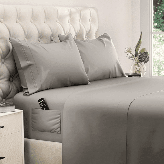 Queen Size Sheet Set, Soft Microfiber 4 Piece Hotel Luxury Bed Sheets with Deep Pockets, Embroidered Pillow Cases, Side Storage Pocket Fitted Sheet, Flat Sheet (Gray)