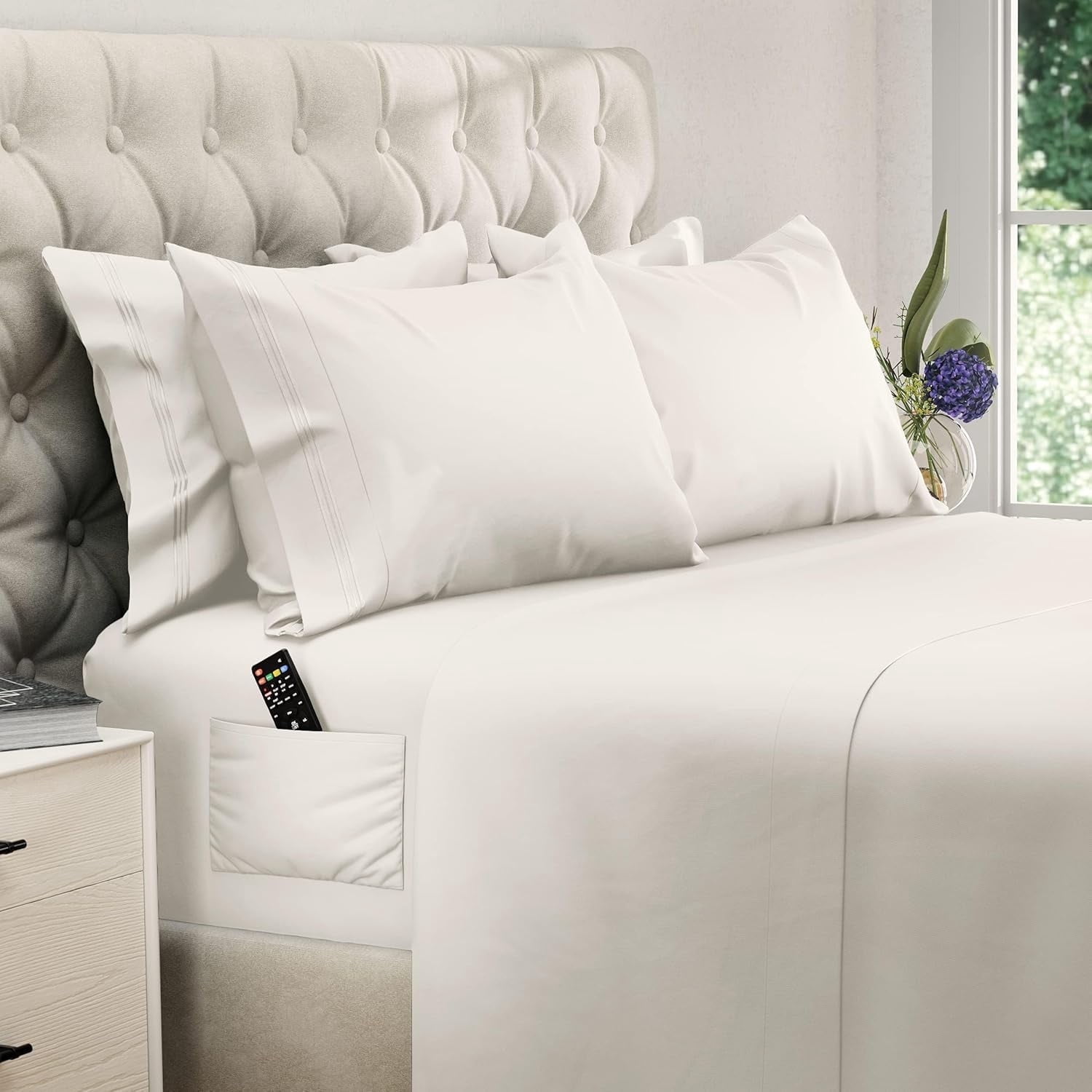 Queen Size Sheet Set, Soft Microfiber 4 Piece Hotel Luxury Bed Sheets with Deep Pockets, Embroidered Pillow Cases, Side Storage Pocket Fitted Sheet, Flat Sheet (White)