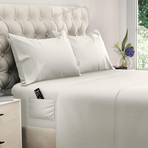 Naiade Queen Size Sheet Set,Soft Microfiber 4 Piece Hotel Luxury Bed Sheets with Deep Pockets, Embroidered Pillow Case,Side Storage Pocket Fitted Sheet, Flat Sheet (Ivory)