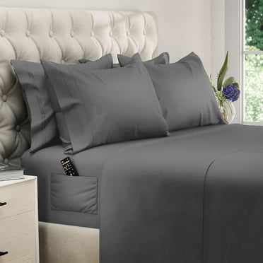 Queen Size Sheet Set, Soft Microfiber 4 Piece Hotel Luxury Bed Sheets with Deep Pockets, Embroidered Pillow Cases, Side Storage Pocket Fitted Sheet, Flat Sheet (Gray)